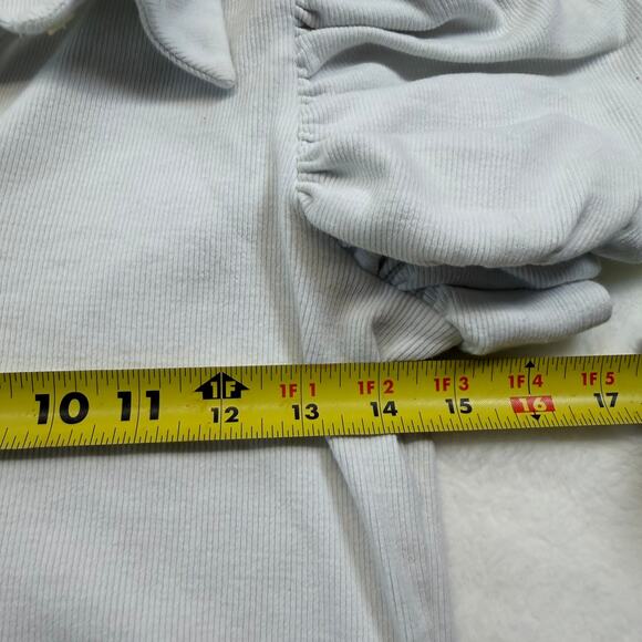 Express Women's White Ribbed Half Button Up Cropped Balloon Puff Sleeve Top Sz M - Picture 3 of 8